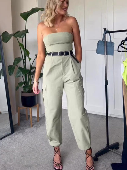 jinran 2023 Women Summer Strapless Jumpsuits With Belt Causal Solid Sleeveless Wrapped Chest Fashion Jumpsuit Full Cargo Pants