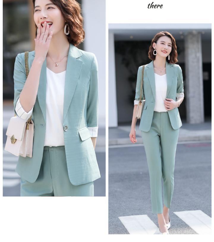 jinran Women's Summer Blazers Pants 2 Piece Set Korean Office Lady Graceful Three Quarter Suit Coat Pencil Trousers Outfits Pink Jacket