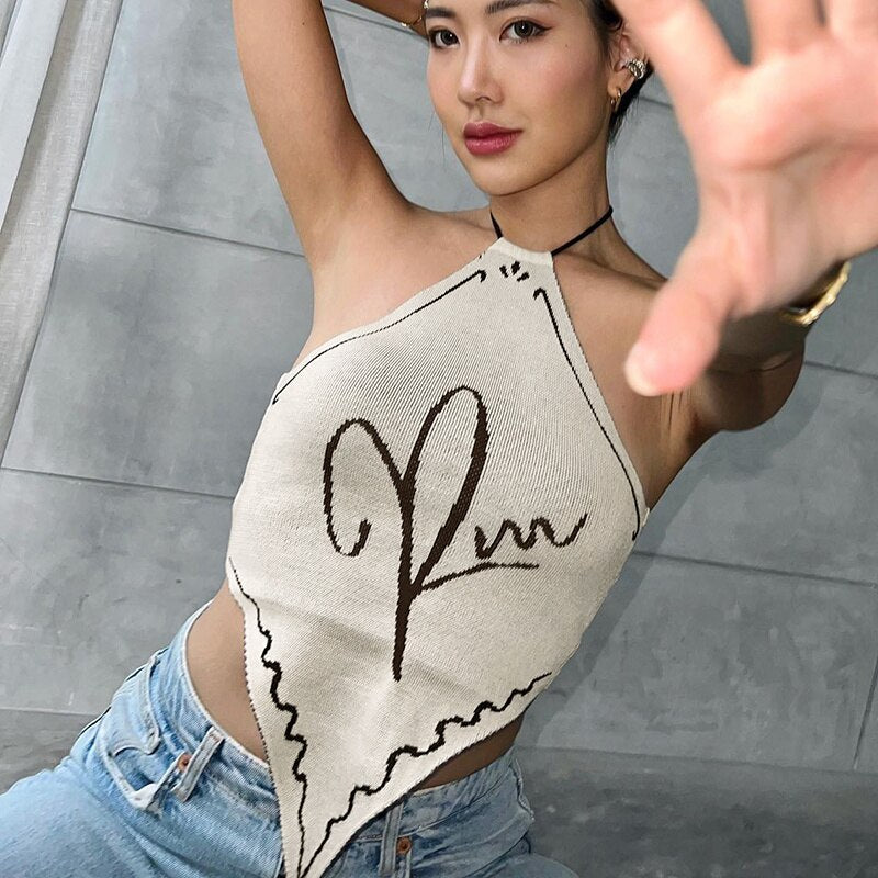 jinran Crop Tops Sexy Y2K Clothes Lace Up Sleeveless Backless Halter Vintage Streetwear Summer Women Knitted Vacation Festival