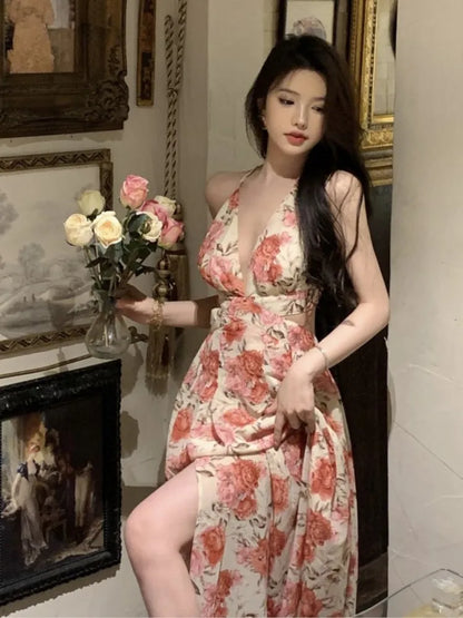 jinran Summer Sexy Beach Style Party Dress Women Korean Casual One Piece Sleeveless Floral Long Dress Lady V-neck Outwear