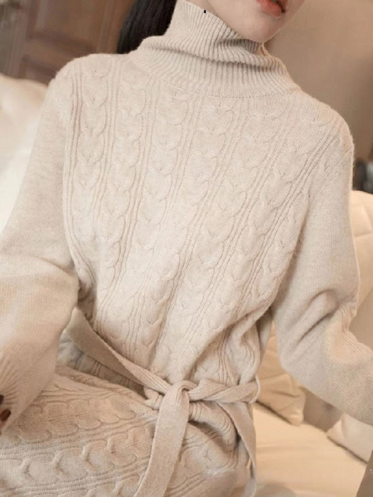 jinran Women Clothing Fashion Turtleneck Knitted Dress 2022 Autumn Winter New Lace-up Waist Sweater Skirt Korean Clothes Women Dresses