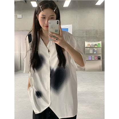 jinran Chiffon Blouses or Tops for Woman Elegant and Youth Woman Cool Blusas Aesthetic Heart Short Sleeve Shirt Summer Top