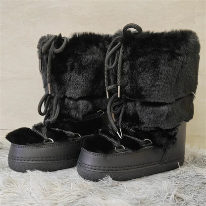 jinran 2024 Winter Snow Boots for Women Rabbit Fur Snow Boots Platform Lace-up Fluffy Furry Fur Ski Boots Female Warm Cotton Boots