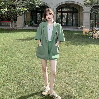 jinran Summer New Loose Casual Elegant Women's Shorts Suit Fruit Green Jacket Shorts Two Piece Set Female Tracksuit Office Leisure Suit