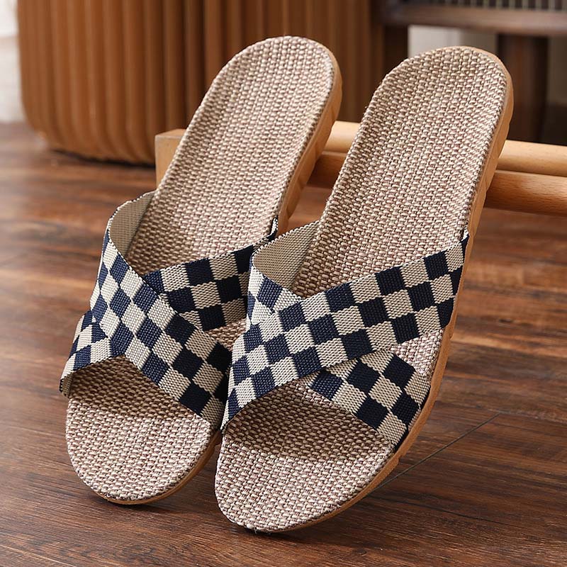 jinran New Checkerboard Linen Slippers Women 2022 Summer Indoor Home Shoes Household Non-slip Couple Four Seasons Men's Sandals Y