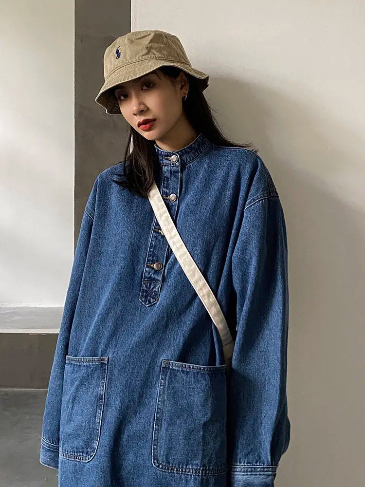 jinran Oversized Vintage Denim Dress Female Retro Japanese Loose Stand Collar Long Sleeves Big Pocket Long Dress 2022 New Spring