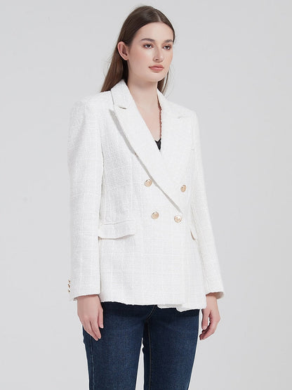 jinran Women Solid Tweed Double Breasted Blazer Coat Long Sleeve Pockets Outerwear Female Spring New Tops CD8395