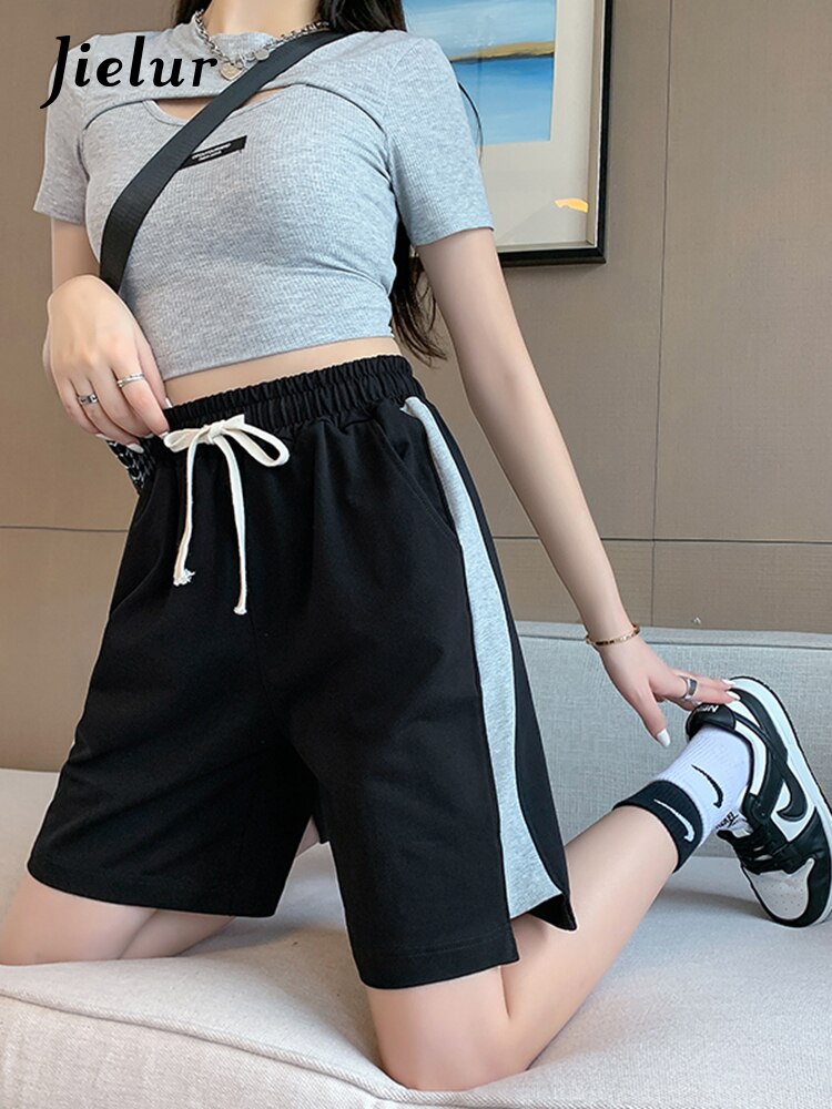 jinran  High Street Women's Shorts Summer Casual Sports Pants Black Light Gray Striped Patchwork Loose Half Pants Woman M-XXL