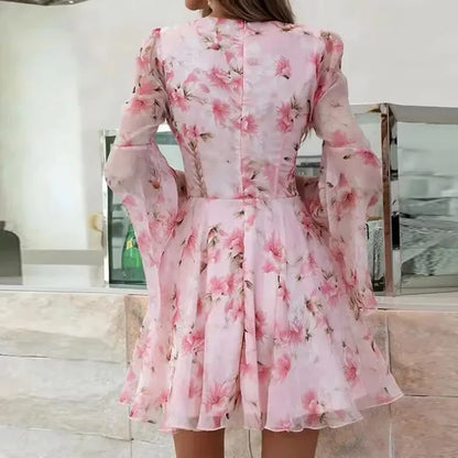 jinran Women Elegant Floral Print Hem A-Line Dress New Spring Sexy Deep V Neck Hollow Party Dress Summer Flare Sleeve Zipper Mini Dress
