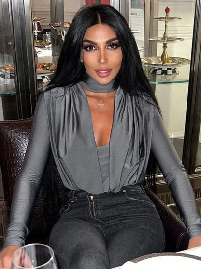 jinran Deep V Neck Full Sleeve Sexy Bodysuit Women Rompers Winter New Skinny Party Pleated Bodysuits Ladies T-shirt Clubwear