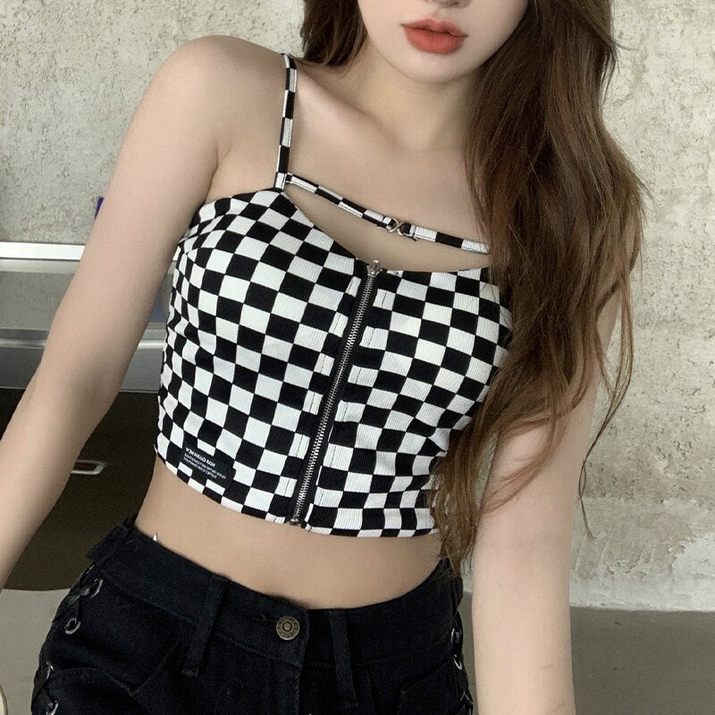 jinran Black White Plaid Crop Top Women Design Zipper Camisole Slim Sexy Tank Top French Chic Sports Bandeau Girl Summer 2022 New