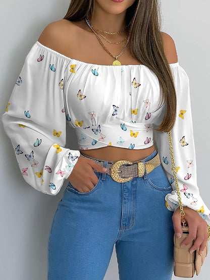 jinran Women Elegant Boho Print Blouse Casual Long Lantern Sleeve Off Shoulder Slim Shirt Female Chic Cropped Top Summer Tunics