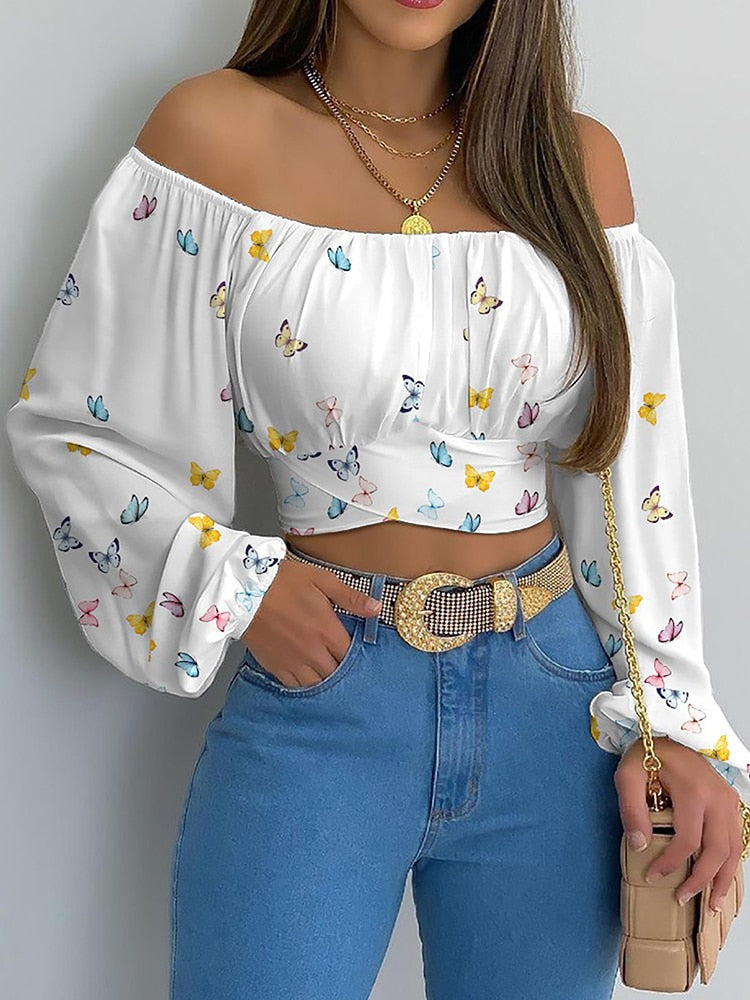 jinran Women Elegant Boho Print Blouse Casual Long Lantern Sleeve Off Shoulder Slim Shirt Female Chic Cropped Top Summer Tunics