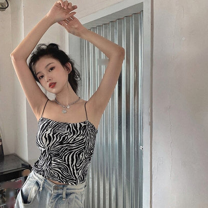 jinran Women Summer Crop Tops Zebra Print Camisole Tube Top Basic Bodycon Tee Vest Sleeveless Spaghetti Strap Cami Fashion Tank Tops