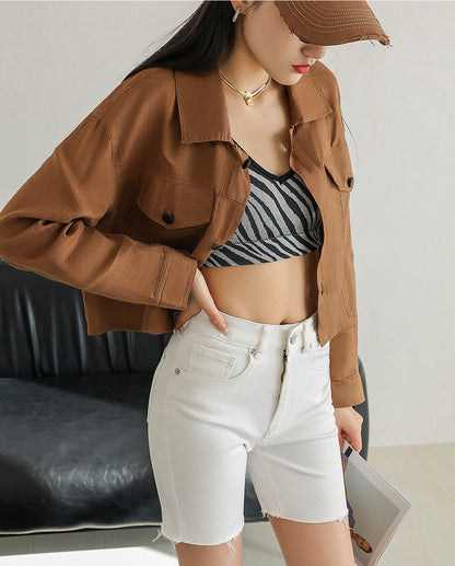 jinran Casual Spring New Turn-down Collar Linen Short Women Jackets 2022 Simple Solid Color All Match Button Female Coats