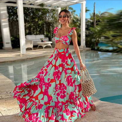 jinran 2024 Dress Women Summer V Neck Spaghetti Strap Floral Sleeveless Casual Split Long Maxi Dress Halter Cover Up