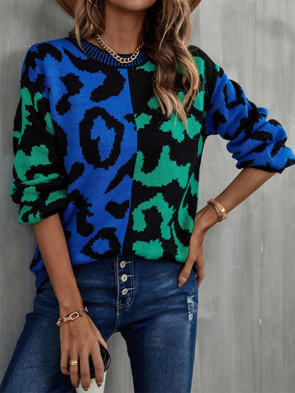 jinran Fashion Tops Women Autumn Winter New Leopard Print Stitching Sweater Streetwear Round Neck Long Sleeve Knitting Pullover