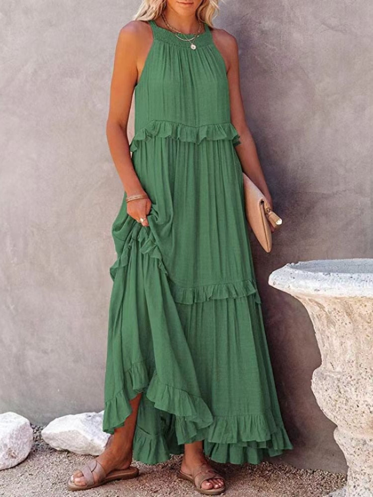 jinran Casual Solid Ruffle Long Dress Women Summer A-line Sleeveless Maxi Dresses Elegant Tie-Up Loose Beach Party Dress Vestidos Robe