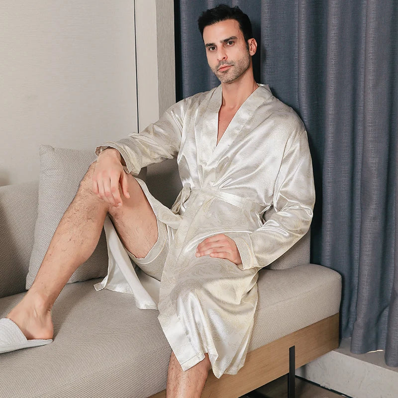 Pajama men's spring and autumn silk thin style oversized pajamas long sleeved bathrobes ice silk bathrobes home clothing summer