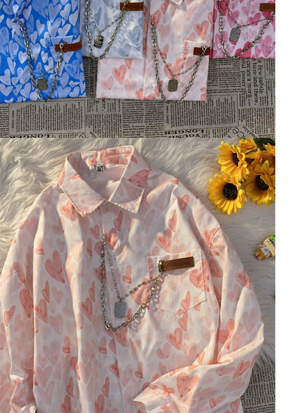 jinran Spring Summer Women Fashion Vintage Shirt Chemises Femme Korean Fashion Heart Print Blouses and Shirts Tunic