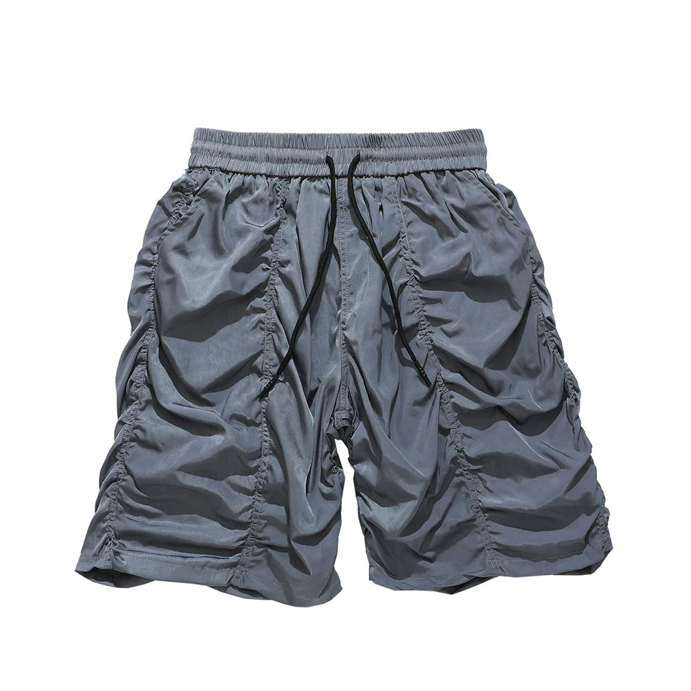 Y2K Summer Thin Qucik Dry Drawstring Shorts Men's Ruched Streetwear Wide Leg Baggy Five Point Pants Oversized Pleated Short