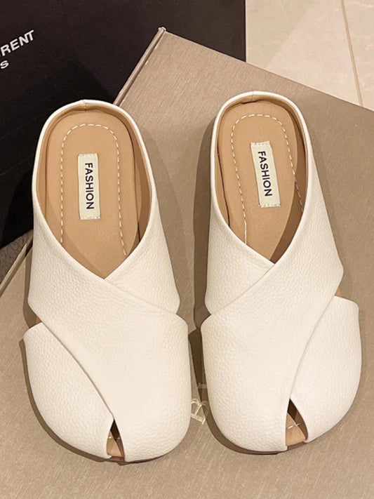 jinran Women Pure Color Flat Slippers Shoes Summer Peep Toe Leather Flat Sandals Female Fashion Mules Casual Outwear Shoes 2024 New