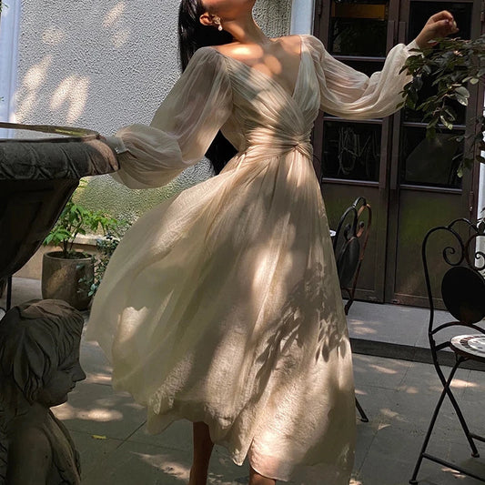 jinran Vintage Korean V-neck Pleated Maxi Dresses for Women Ladies Party Fringed Lace Puff Sleeve Ruffled Lady Dreses Elegant Summer