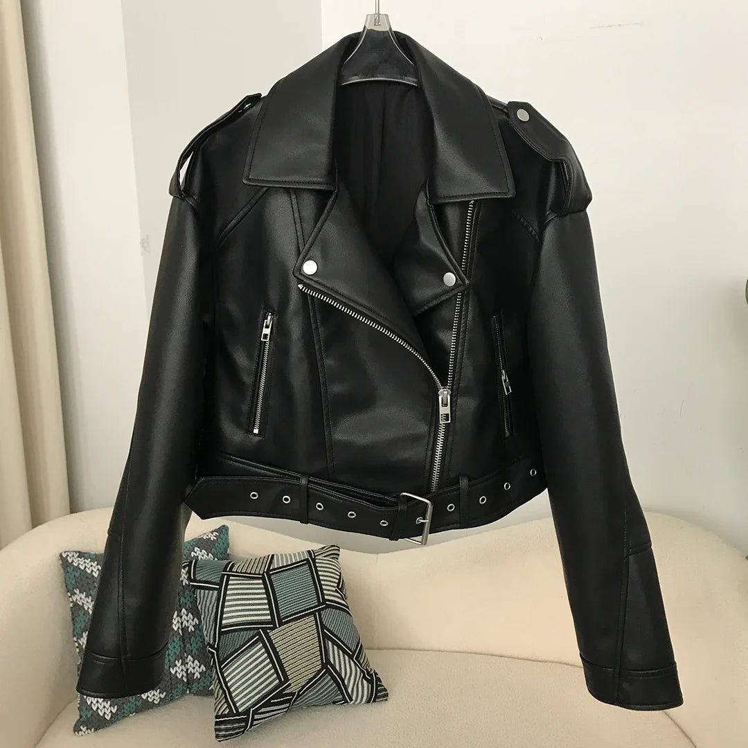 jinran Faux Leather Short Jacket 2024 Women Vintage Loose Pu with Belt Streetwear Female Zipper Retro Moto Biker Coat Outwear Tops