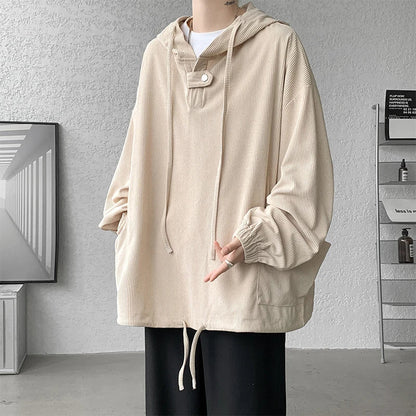 Casual Solid Hooded Corduroy Pullovers Men's Long Sleeve Autumn New Big Pocket Loose Sweatshirt Hoodies Oversized Loose Tops