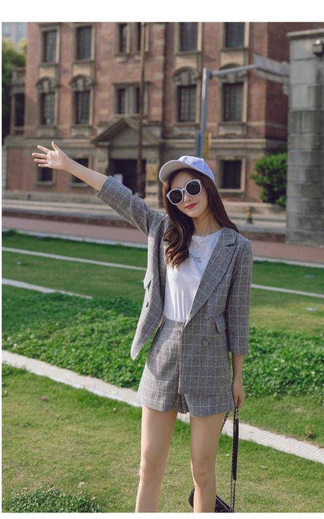 jinran Spring Summer Women Thin Casual Blazer Korean Fashion Graceful Plaid Suit Coat+Short Pants Two Pieces Set Workwear Female