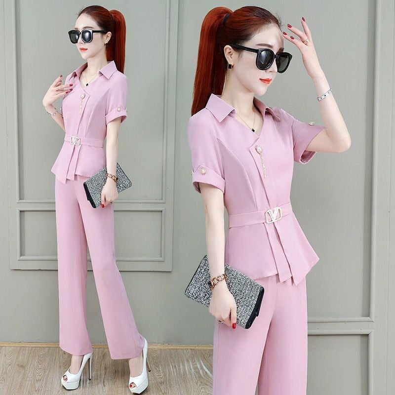 jinran Korean Style Summer Elegant Women's Pants Set Belt Decorative Asymmetric Chiffon Shirt Casual Pants Two-piece Set Tracksut