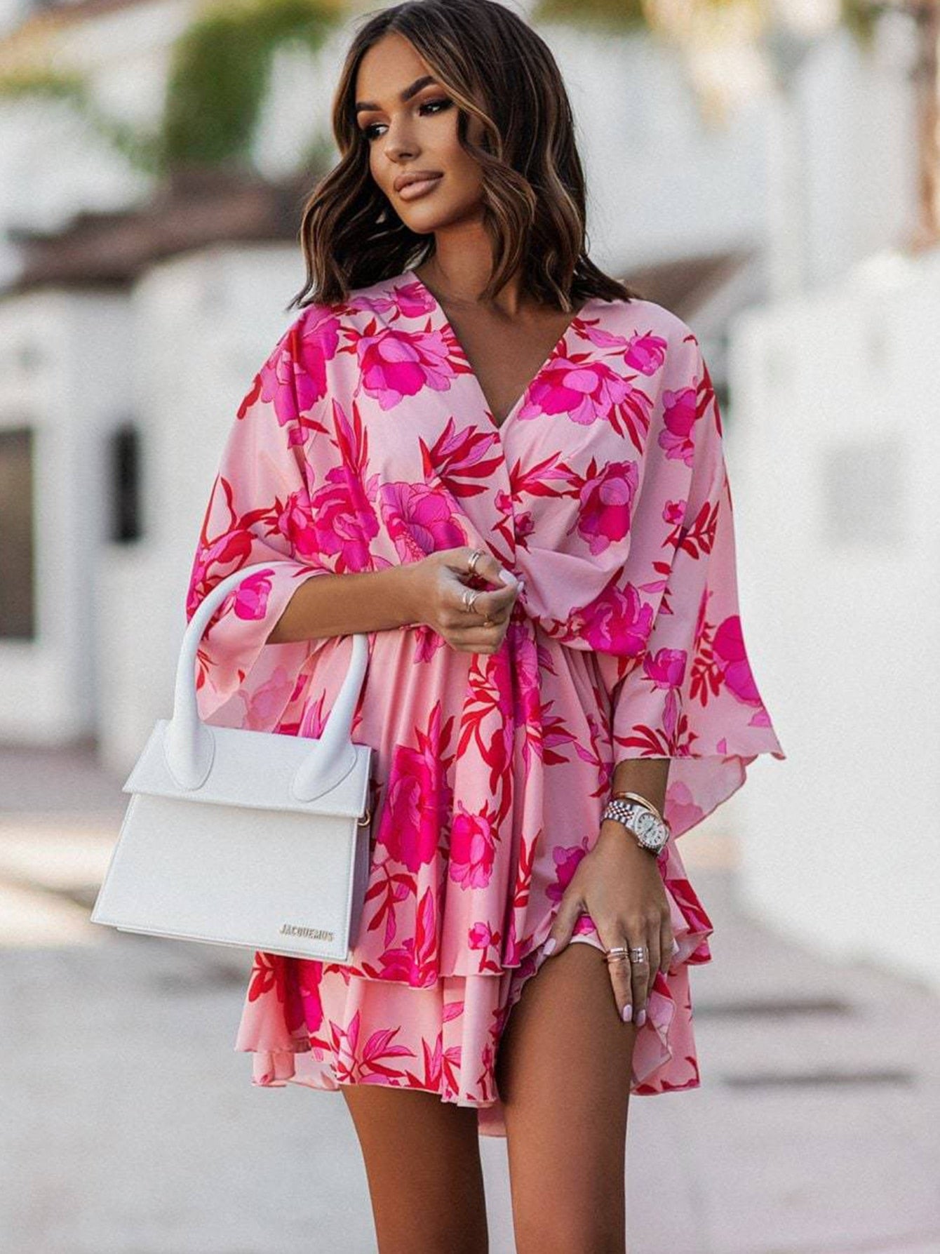 jinran Seawefit 2024 Print Chiffon Dress Ruffle Long Sleeves Mini Dresses Women Belt String Outfits Female Shirring Elegant Floral Robe