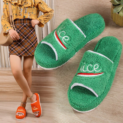 jinran 2022 Women New Luxury Brand One-word Thick-soled Warm Furry Women's Shoes Embossed Cotton Drag Outdoor All-match Casual Slippers