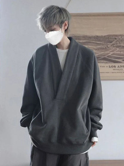 Sweatshirts Men Oversize Pullovers Sweatshirt Male Vintage Casual Japanese Streetwear V-neck Autumn Winter