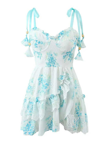 jinran Inspired blue floral straps party dress bow tied shoulder smocked bodice embroidery summer dress chic ladies mini dress