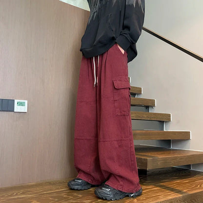 Men's Patchwork Cargo Jeans Oversized Wide Leg Trousers Men Muti-pockets Hip Hop Streetwear 90s Vintage Fashion Tooling Pants