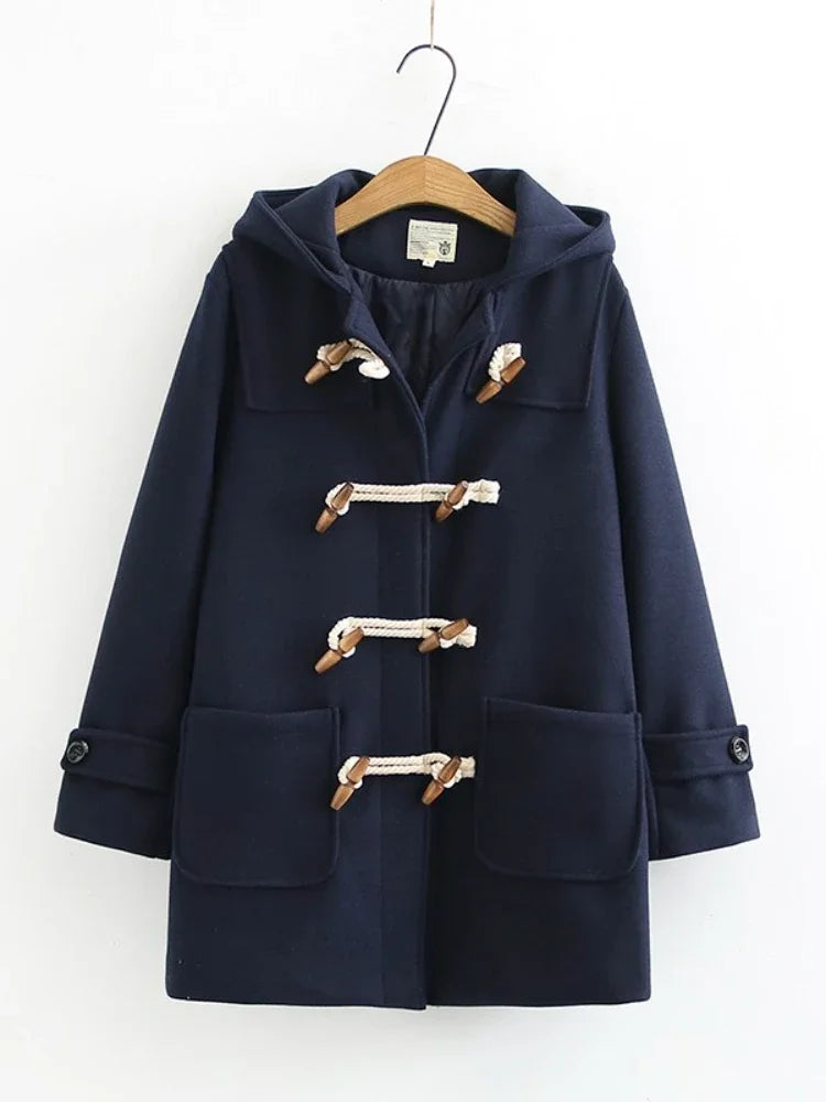 nvxiot  -  Winter Women Wool Blends Coat Straight Long Hooded Coats Jacket  Horn Button  Sleeve Preppy Style Female Warmness Outwears