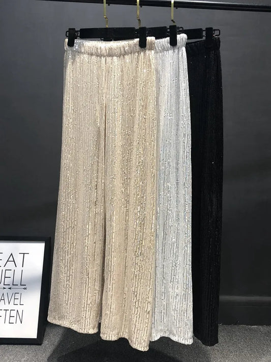 jinran Women Silver Full Sequined Wide Leg Pants Elastic Waist Bling Luxury Chic Capris Casual Gold Long Pants Female Club 2024