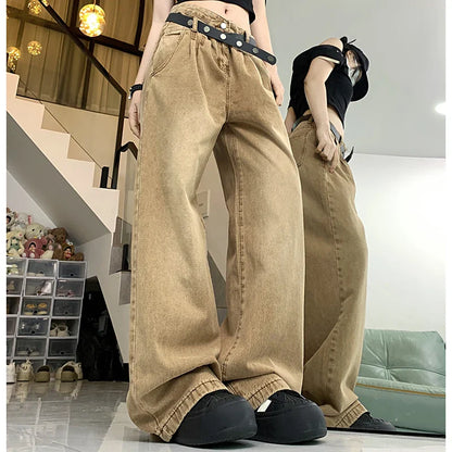 jinran Woman American High Waist 2000s Y2k Jeans Female 90s Vintage Designer Baggy Pants Girls Harajuku Fashion Brown Denim Trousers