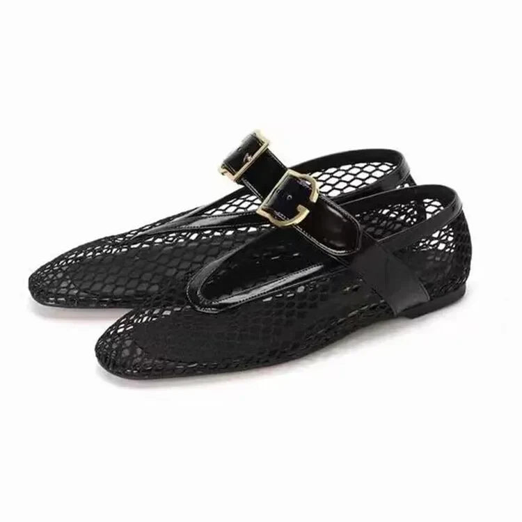 jinran 2024 European and American Elastic Belt Metal Buckle Mary Jane Shoes Round Toe Mesh Flat Shoes Women's Ballet Dance Shoes