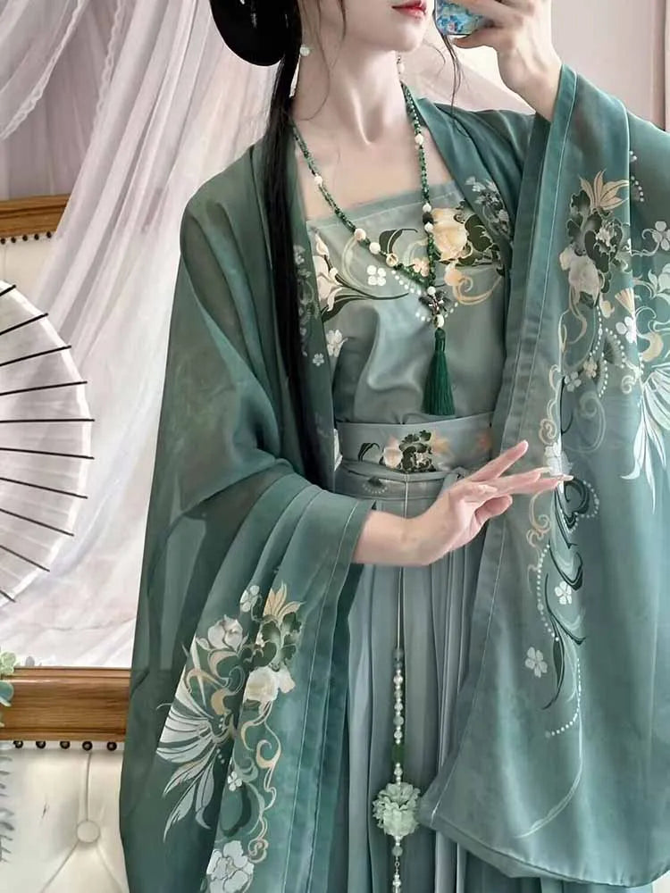 jinran Retro Chinese traditional women's Hanfu Song Dynasty green Hanfu printed dress women's role play dress.