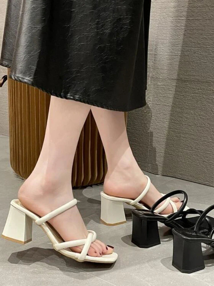 jinran Pure Color 2024 New Designer Summer Pumps Slippers Sandals Shoes Women Fashion High Heels Square Toe Line Strap Sandals Lady