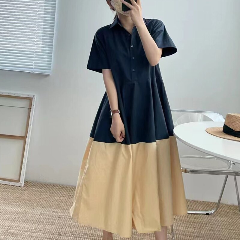 jinran Summer Loose Dresses Women 2022 New Cotton Soft Patchwork A Line Mini Dress Female Korean Casual Harujuku Khaki Dress