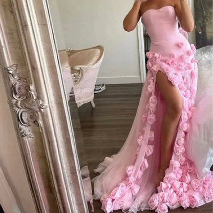 jinran  Elegant Pink Flowers Evening Dresses for Women Wedding Formal Occasion Long Side Slit Girls' Party Dress