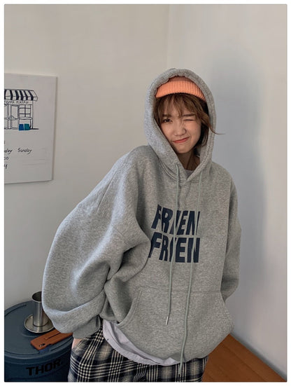 jinran Korean Fashion New Grey Loose Fleece Pullover Vintage Pocket Letter Printing Sweatshirt Lazy Casual Raglan Sleeves Hoodie Autumn