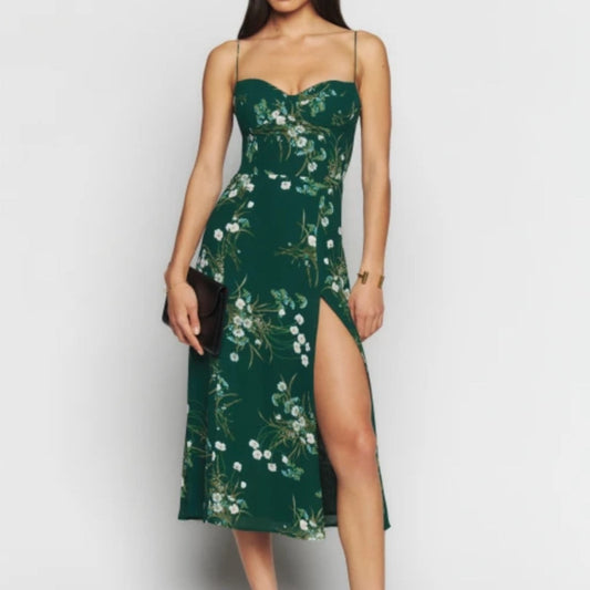 jinran Women Party Elegant Midi Dress green floral print Split Chiffon Women's Dresses Summer Vestidos Spaghetti Strap