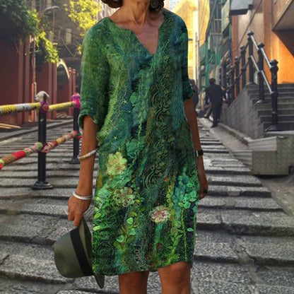 jinran Women Elegant Dress Summer Fashion Loose V-Neck Half Sleeve A-Line Dress Sundress Female Vintage Print Midi Dresses Vestidos