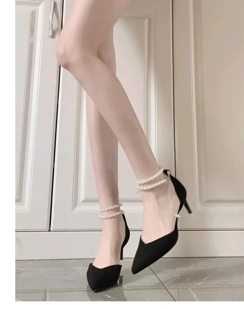 jinran Black High Heels 2024 New Pumps Stiletto Pointed Toe Pearl Anklets High-end Shoes Fashionable Comfortable Women's Shoes