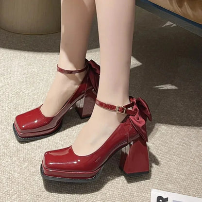 jinran 2024 Spring Casual Party Mujer Zapatos Versatile Solid Color Patent Leather Mary Jane Shoes Fashion Bow Brand Design High Heels