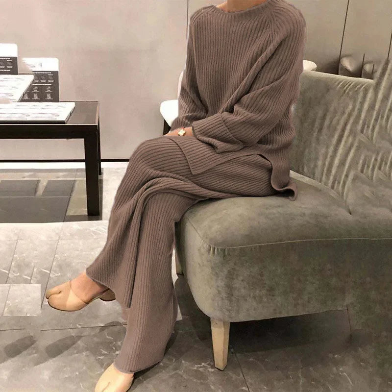 jinran Lady Home Suit Autumn Fashion Soft Casual O-Neck Pullover Tops+Knitted Pant New Homewear Pajama Winter Solid Women Two Piece Set